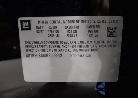 2017 Chevrolet Cruze Lt Auto из США, поврежденный, VIN 3G1BE6SM0HS598603